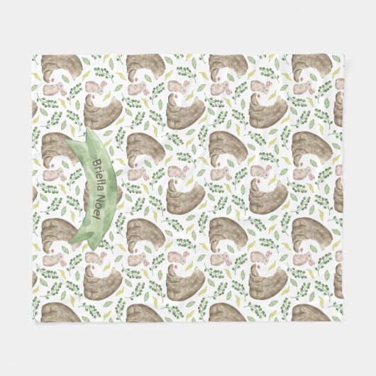 森林動物くまおよびウサギ + 名前 フリースブランケット (正面(横))