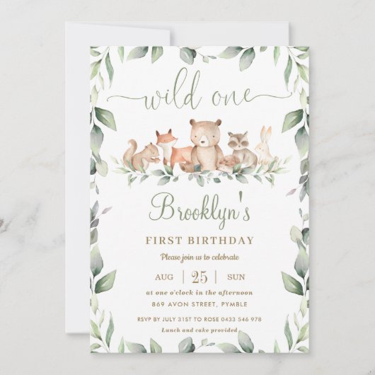森林動物たち，緑の1歳の誕生日に野生の動物たち 招待状 (正面)