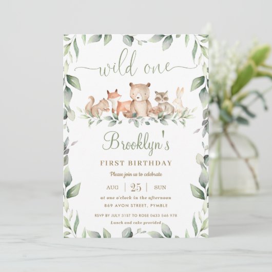 森林動物たち,緑の1歳の誕生日に野生の動物たち 招待状 (スタンド正面)