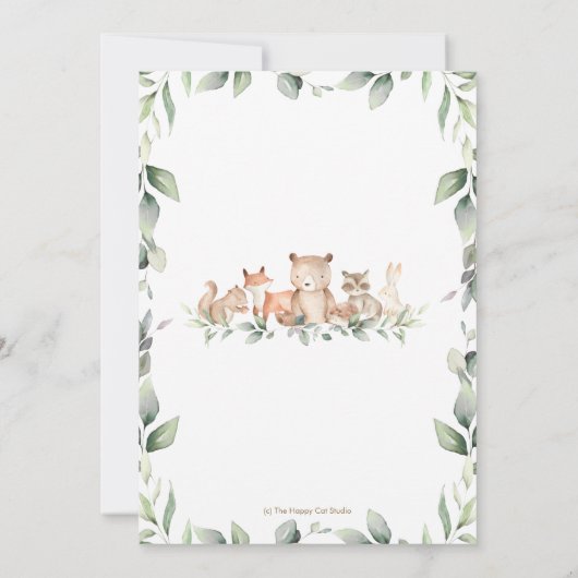 森林動物たち，緑の1歳の誕生日に野生の動物たち 招待状 (裏面)