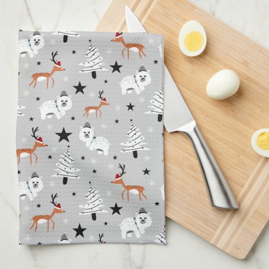 森林動物とクリスマスツリー キッチンタオル (四つ折り)
