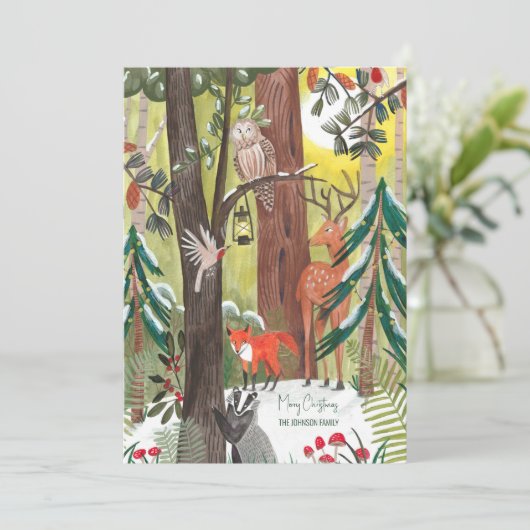 森林動物と緑の森クリスマス写真 シーズンカード (スタンド正面)