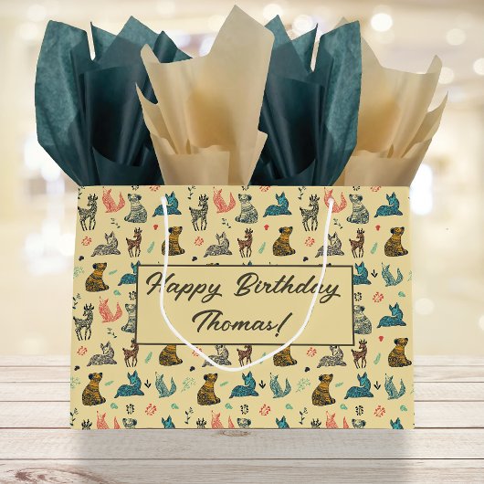 森林動物のドードルパターン |黄色 ラージペーパーバッグ