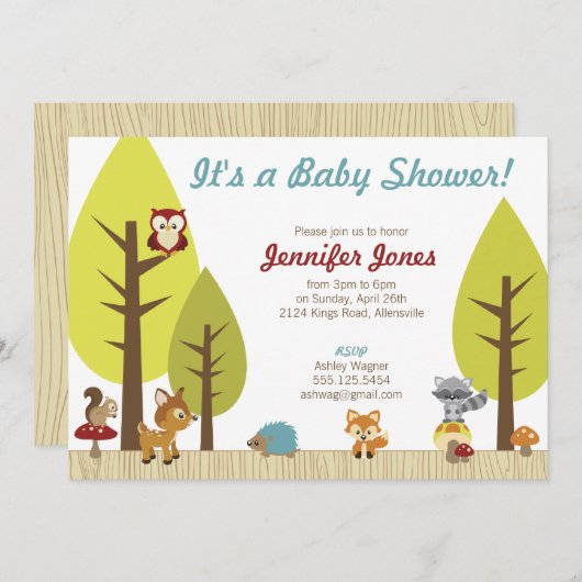 森林動物のベビーシャワーの招待状 招待状 (正面/裏面)