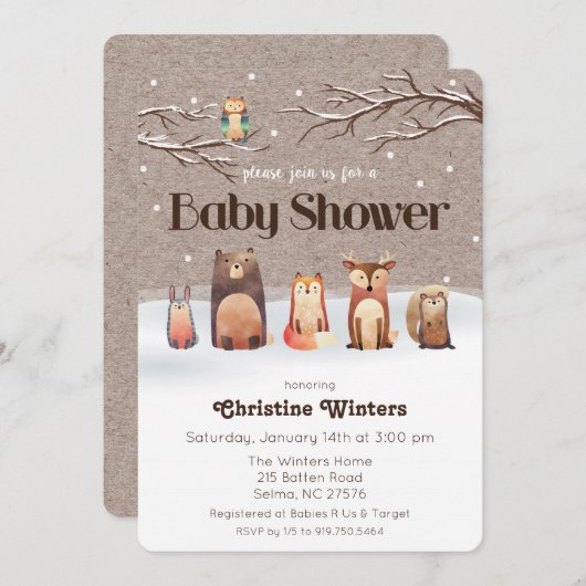 森林動物のベビーシャワーの招待状 招待状 (正面/裏面)