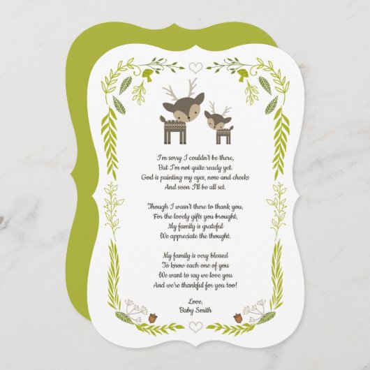 森林動物のベビーシャワーはノート感謝していしています + 詩 サンキューカード (正面/裏面)