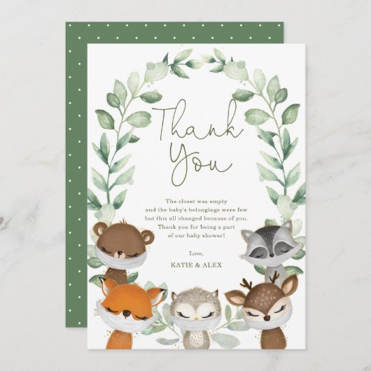 森林動物の仮想検疫ベビーシャワー サンキューカード (正面/裏面)