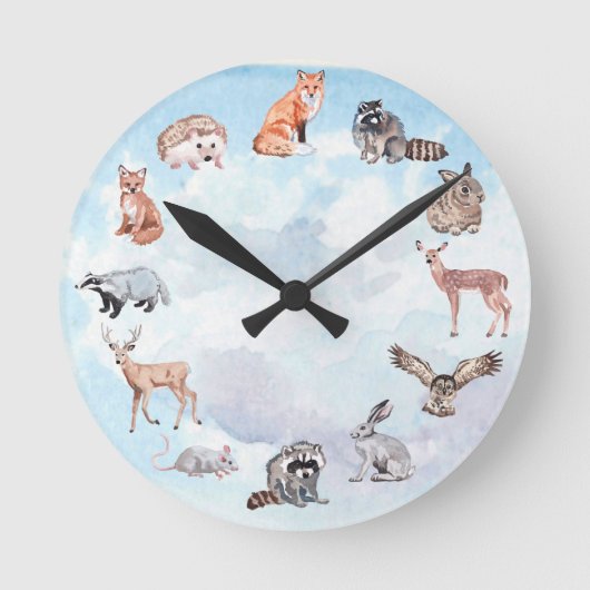 森林動物の児童室のシカのキツネのウサギ ラウンド壁時計 (正面)