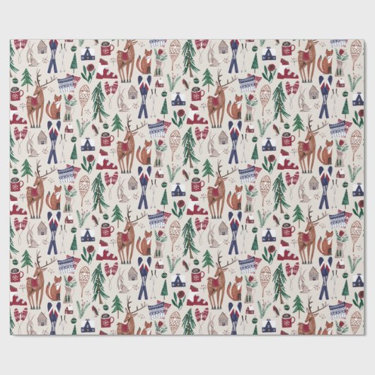 森林動物の北欧スキークリスマスパターンラップ ラッピングペーパー (フラット)