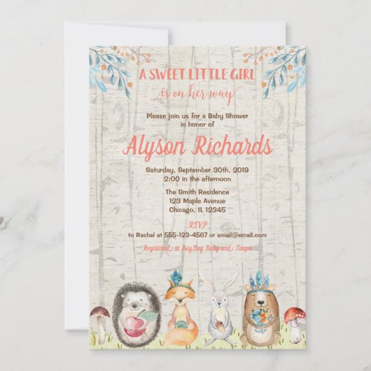 森林動物の友人の森林女の子のベビーシャワー 招待状 (正面)