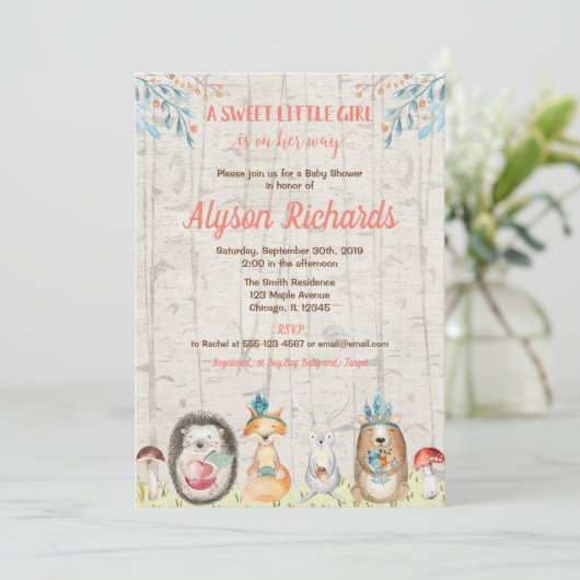森林動物の友人の森林女の子のベビーシャワー 招待状 (スタンド正面)