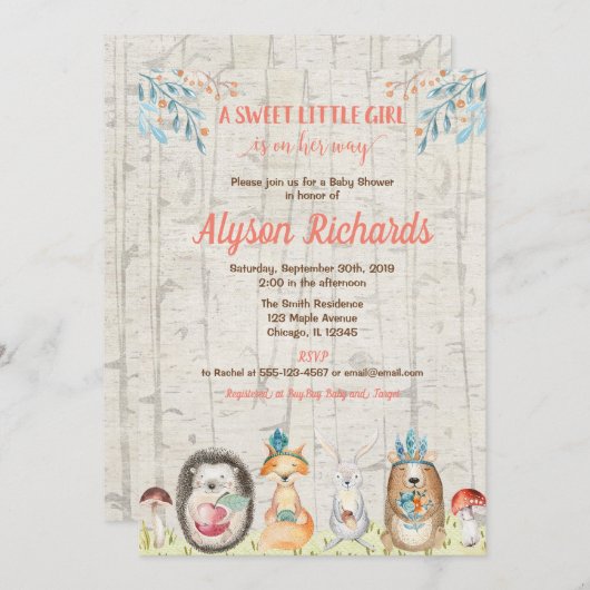 森林動物の友人の森林女の子のベビーシャワー 招待状 (正面/裏面)