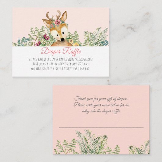森林動物の女の赤ちゃんのシカのおむつのラッフル エンクロージャーカード (正面/裏面)