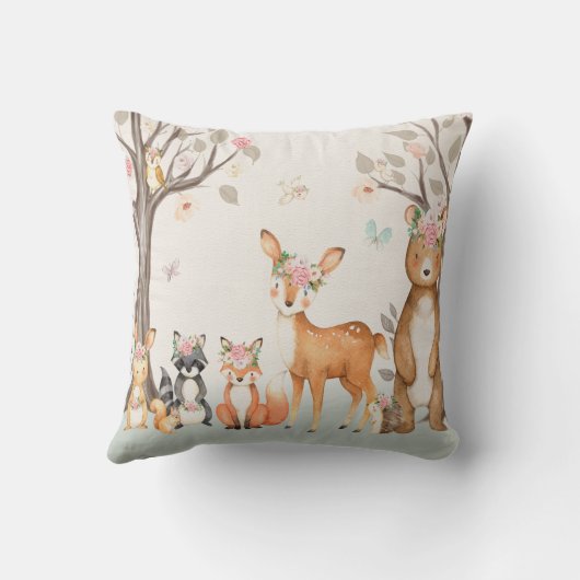森林動物の女の赤ちゃんの子供部屋のBohoの枕 クッション (裏面)
