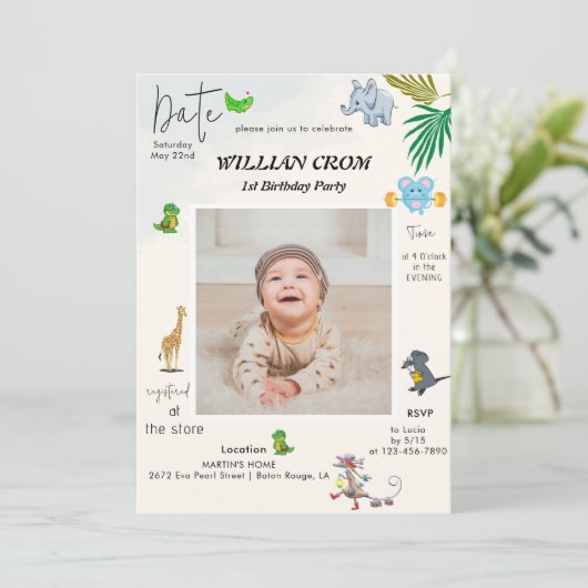 森林動物の最初の年の誕生日 招待状 (スタンド正面)