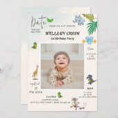 森林動物の最初の年の誕生日 招待状 (正面/裏面)