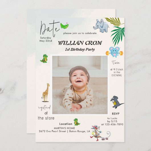 森林動物の最初の年の誕生日 招待状 (正面/裏面)