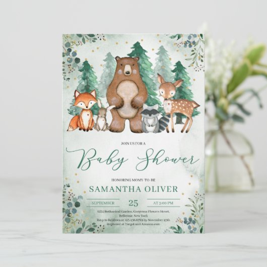 森林動物の森の緑の赤ちゃんシャワー 招待状 (スタンド正面)