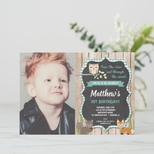 森林動物の森林男の子の第1誕生日 招待状 (スタンド正面)
