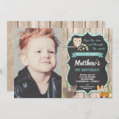 森林動物の森林男の子の第1誕生日 招待状 (正面/裏面)
