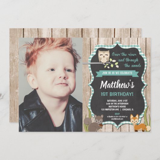 森林動物の森林男の子の第1誕生日 招待状 (正面/裏面)