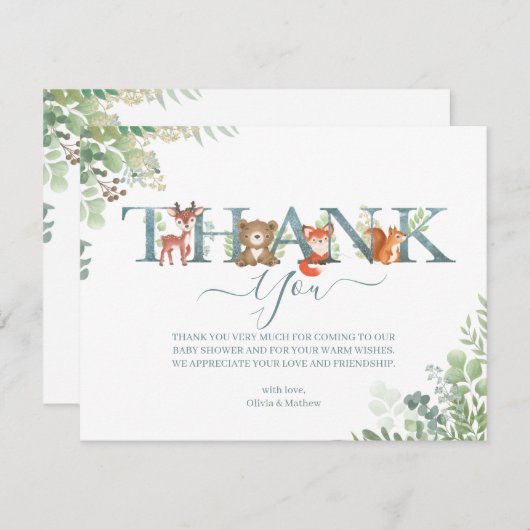 森林動物の植物レターベビーシャワー サンキューカード (正面/裏面)