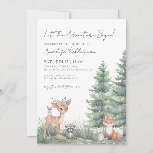 森林動物の水の色ウッドランド赤ちゃんシャワー 招待状 (正面)