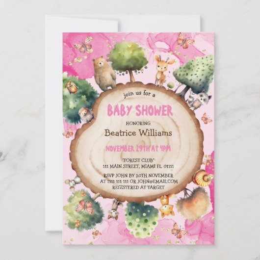 森林動物の水色ピンクのベビーガールシャワー 招待状 (正面)
