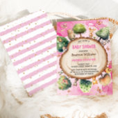 森林動物の水色ピンクのベビーガールシャワー 招待状