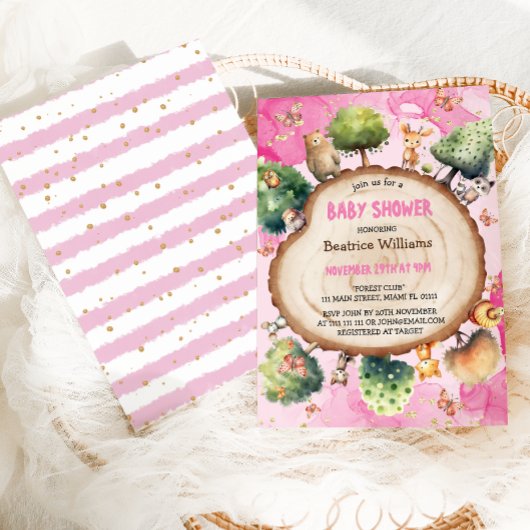 森林動物の水色ピンクのベビーガールシャワー 招待状