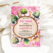 森林動物の水色ピンクのベビーガールシャワー 招待状