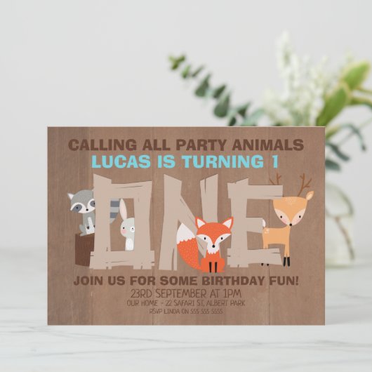 森林動物の第1誕生日のパーティの招待状 招待状 (スタンド正面)