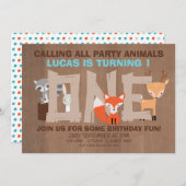 森林動物の第1誕生日のパーティの招待状 招待状 (正面/裏面)