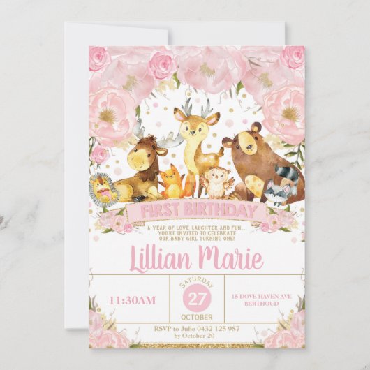森林動物の第1誕生日の招待状の女の子 招待状 (正面)