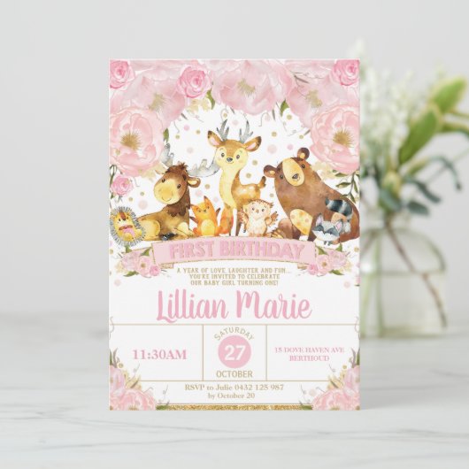 森林動物の第1誕生日の招待状の女の子 招待状 (スタンド正面)