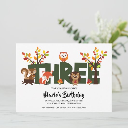 森林動物の第3誕生日のパーティの招待状 招待状 (スタンド正面)