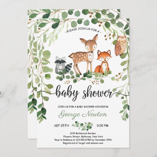 森林動物の緑のボホの赤ちゃんシャワー 招待状 (正面/裏面)