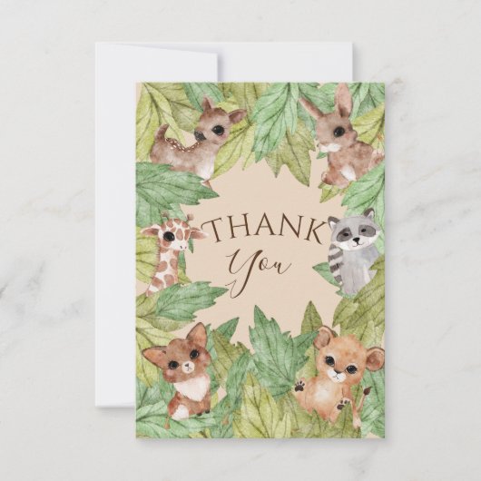 森林動物の緑の赤ちゃんシャワー サンキューカード (正面)