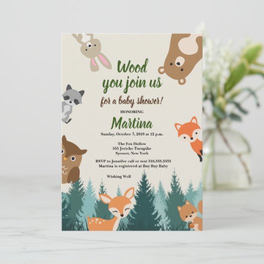 森林動物の緑の赤ちゃんシャワー 招待状 (スタンド正面)