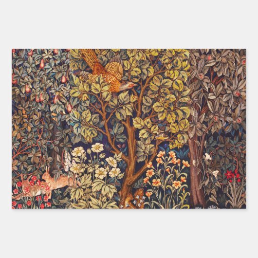 森林動物の群れ、キジの赤い緑のフローラ ラッピングペーパーシート (正面3)