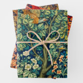 森林動物の群れ、キジの赤い緑のフローラ ラッピングペーパーシート (インサイチュ)