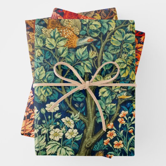 森林動物の群れ、キジの赤い緑のフローラ ラッピングペーパーシート (インサイチュ)