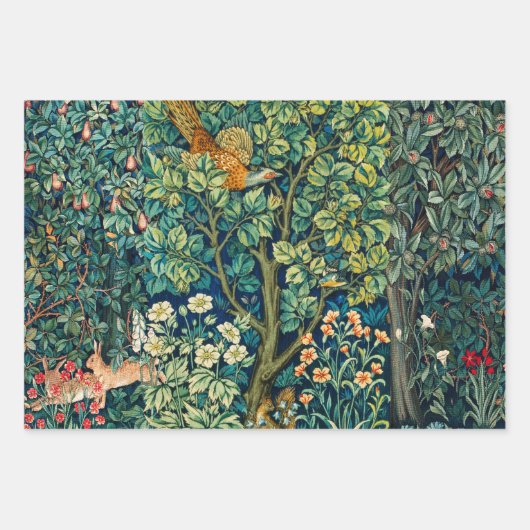 森林動物の群れ、キジの赤い緑のフローラ ラッピングペーパーシート (正面)