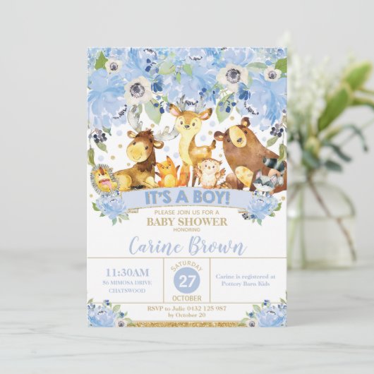 森林動物の花のベビーシャワーの招待状の男の子 招待状 (スタンド正面)