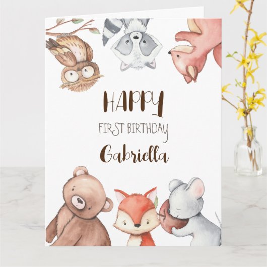 森林動物の誕生日パーソナライズされた カード (黄色い花)