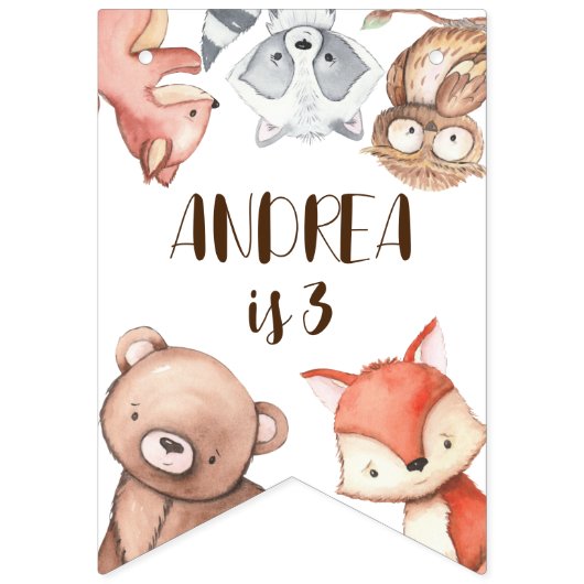 森林動物の誕生日パーソナライズされた バンティングフラッグ (第1の旗)