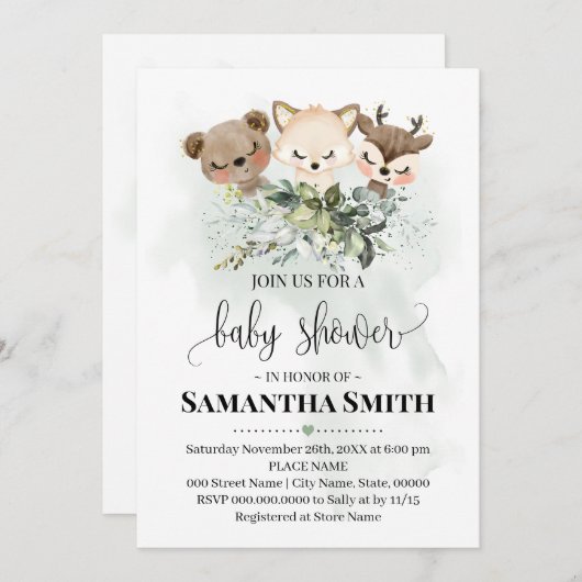 森林動物の赤ちゃんシャワー森林動物 招待状 (正面/裏面)