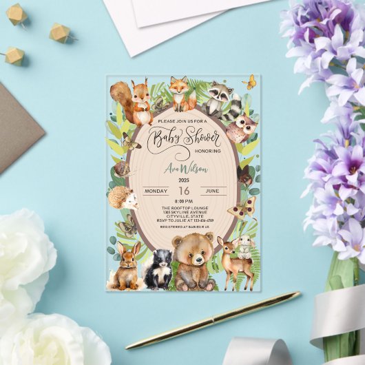 森林動物の赤ちゃんシャワー緑素朴園 アクリル招待状 (インサイチュ (ウェディング))