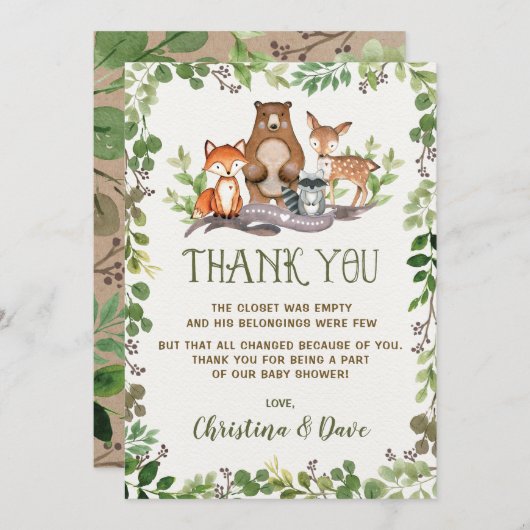 森林動物の赤ちゃんシャワー緑 サンキューカード (正面/裏面)
