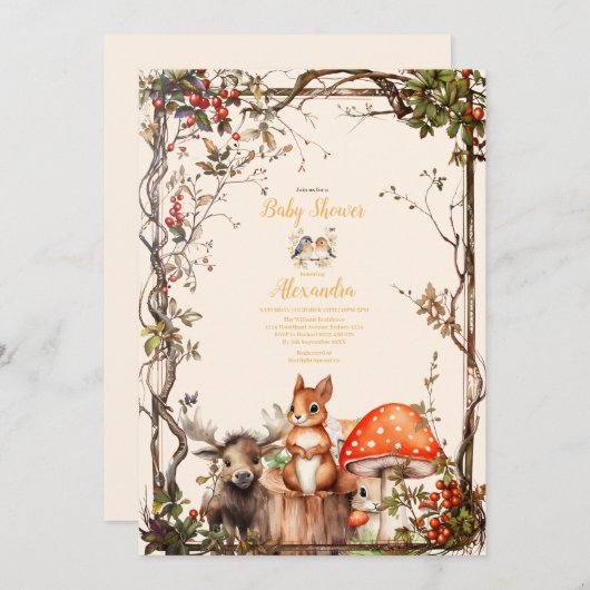 森林動物の赤ちゃんシャワー 招待状 (正面/裏面)